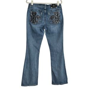 MISS ME Mid Rise Bootcut Jeans 31 Fleur De‎ Lis Pockets Y2K Western Glam Denim